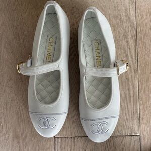 Chanel White Leather Mary Jane Flats